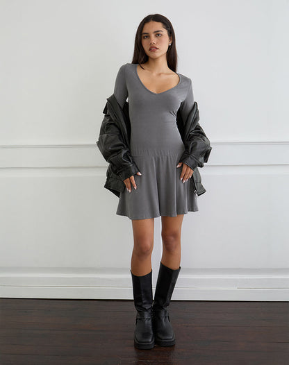 Yauri Long Sleeve Mini Dress in Cupro Grey
