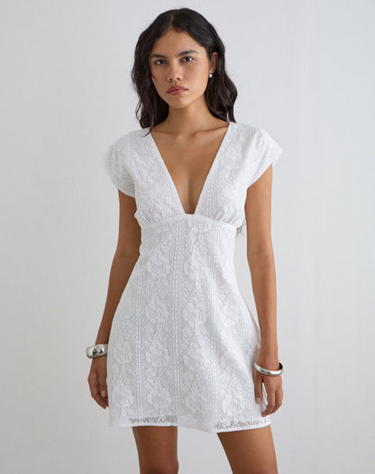 Yenna Plunge Mini Dress in Floral Lace White