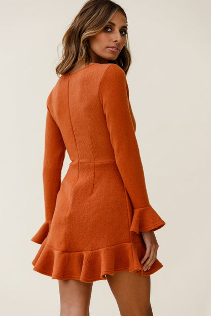Shalini Flared Cuff Surplice Neckline Knit Dress Rust
