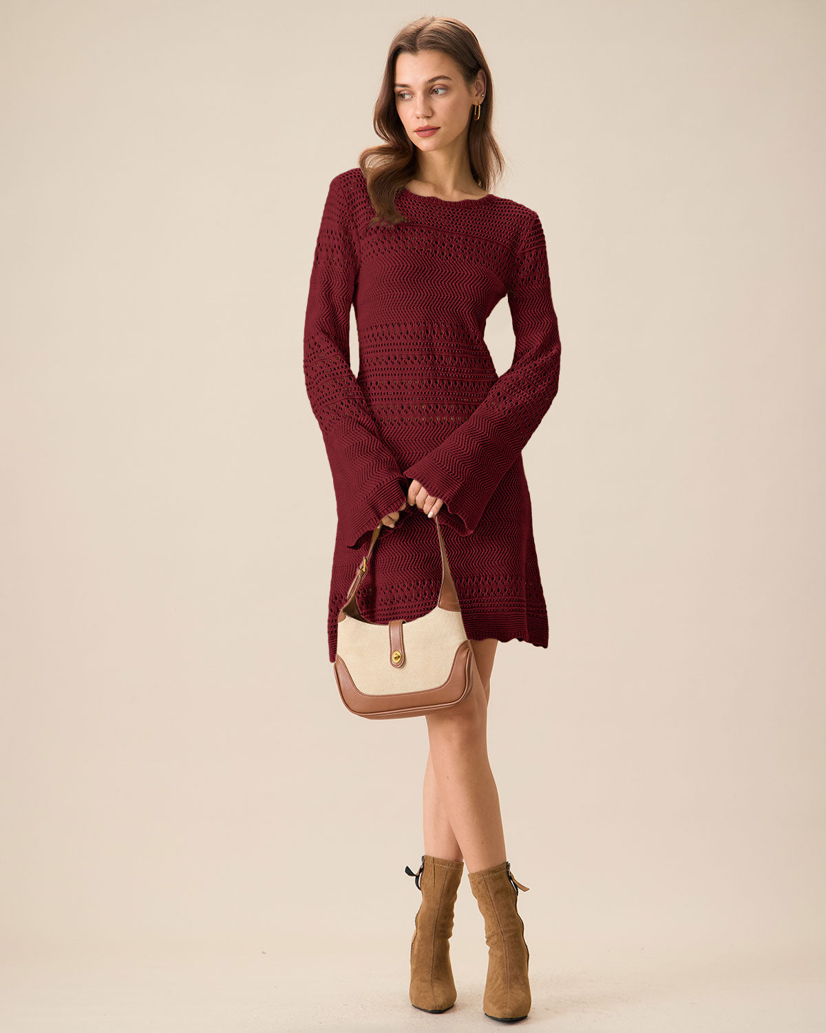 Wine Red Bell Sleeve A-Line Sweater Dress