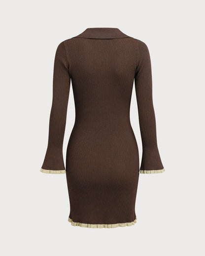 Brown Bodycon Button Sweater Dress