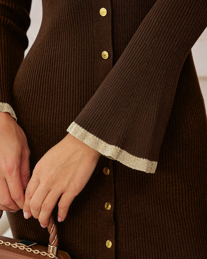 Brown Bodycon Button Sweater Dress
