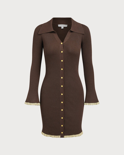 Brown Bodycon Button Sweater Dress