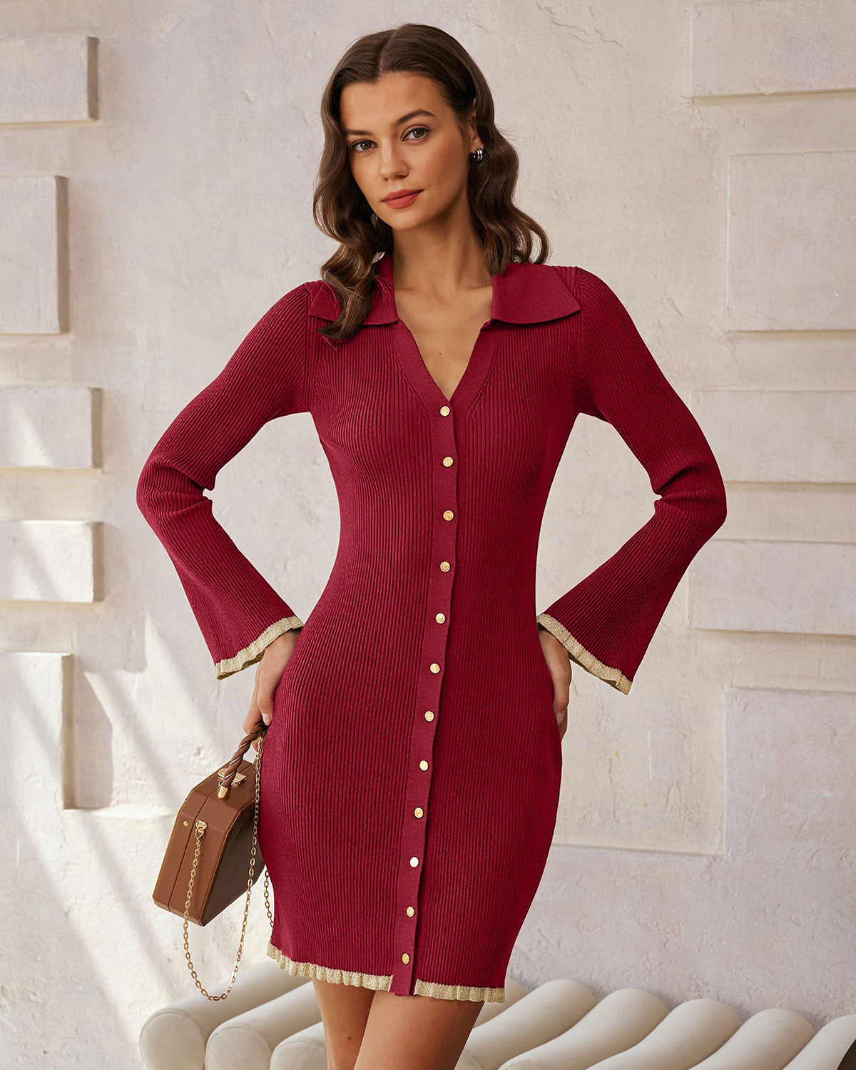 Wine Red V Neck Viscose Mini Dresses
