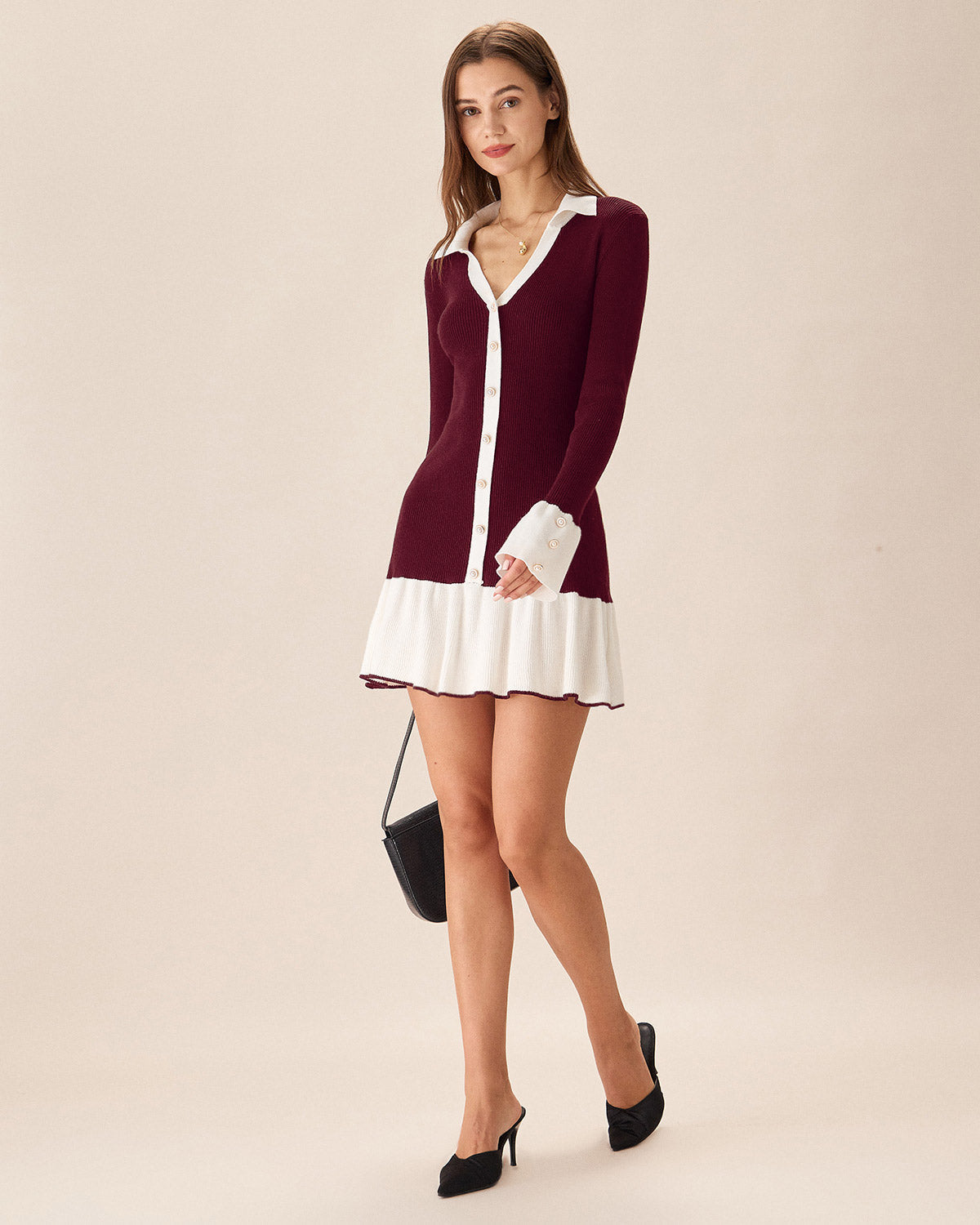 Wine Red Contrasting Sweater Dress
