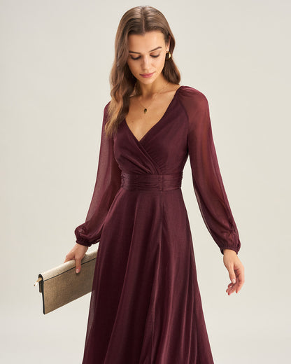 Purple V Neck See Through A-Line Maxi Dresses
