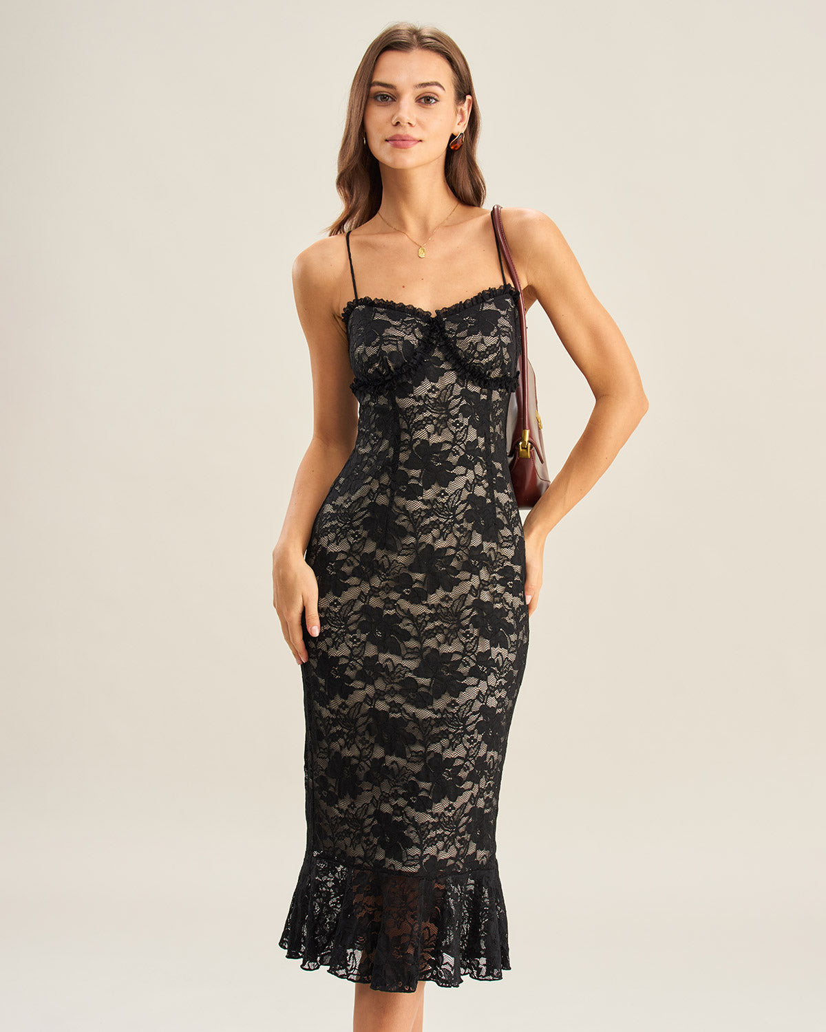 Black Lace Mermaid Slip Midi Dress