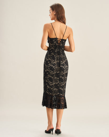 Black Lace Mermaid Slip Midi Dress