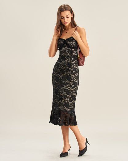 Black Lace Mermaid Slip Midi Dress