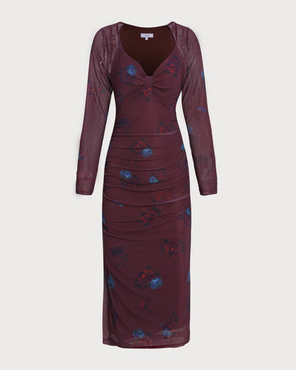 Purple V Neck Floral Midi Dress