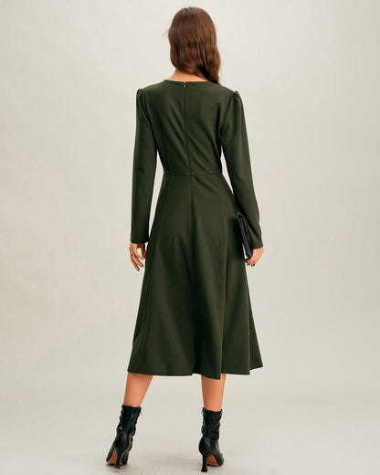 Green Ruched A-Line Slit Midi Dress