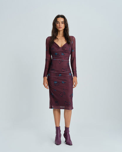 Purple V Neck Floral Midi Dress