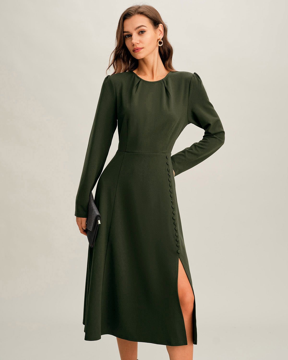 Green Ruched A-Line Slit Midi Dress