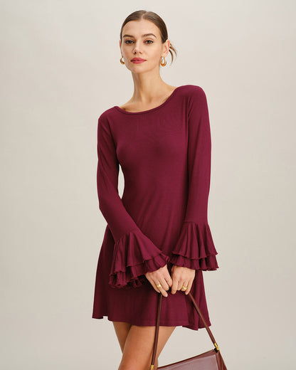 Wine Red A-Line Ruffle Mini Dress