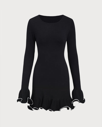Black Contrasting Bell Sleeve Knit Sweater Dress