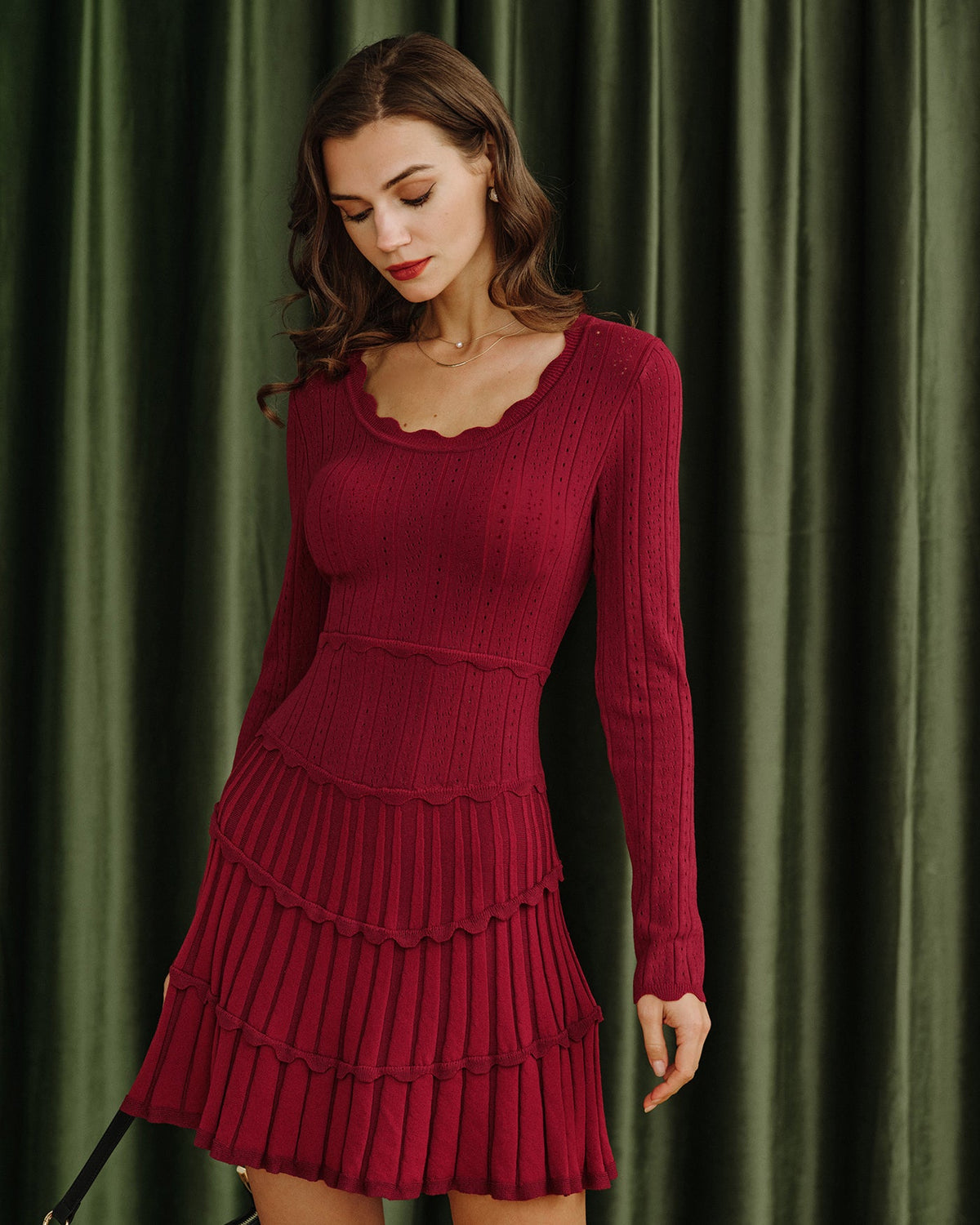 Wine Red Scalloped Viscose Sweater Dress
