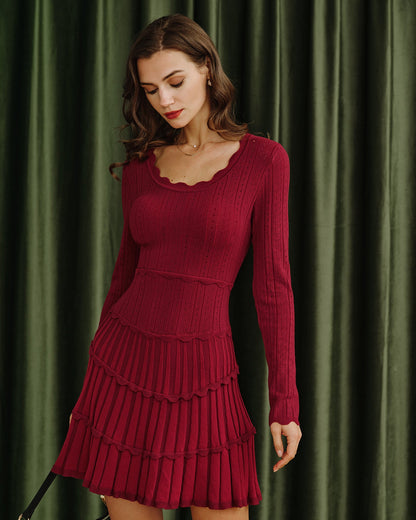 Wine Red Scalloped Viscose Sweater Dress