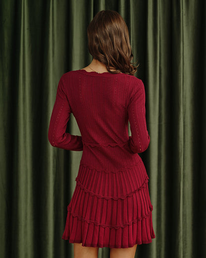 Wine Red Scalloped Viscose Sweater Dress