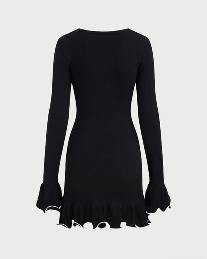 Black Contrasting Bell Sleeve Knit Sweater Dress
