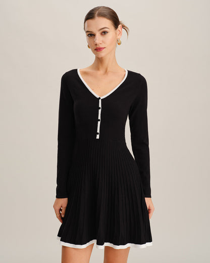 Black Contrasting V Neck Button Sweater Dress