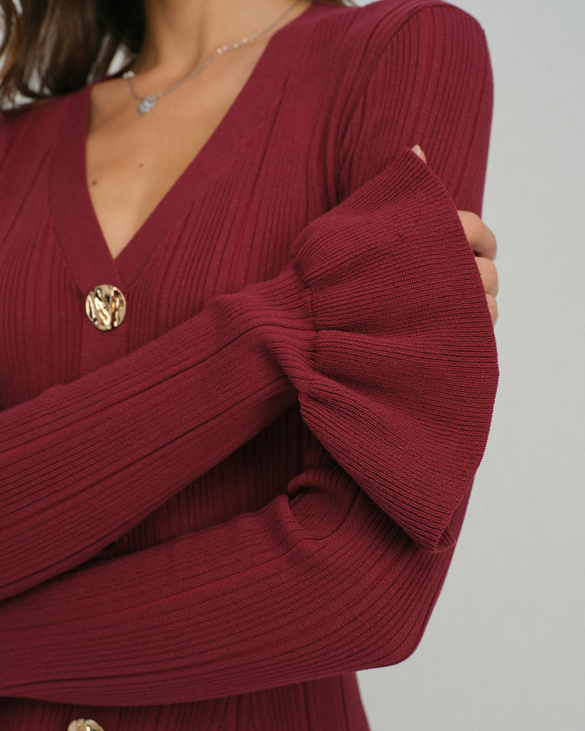 Wine Red Bell Sleeve V Neck Sweater Dress