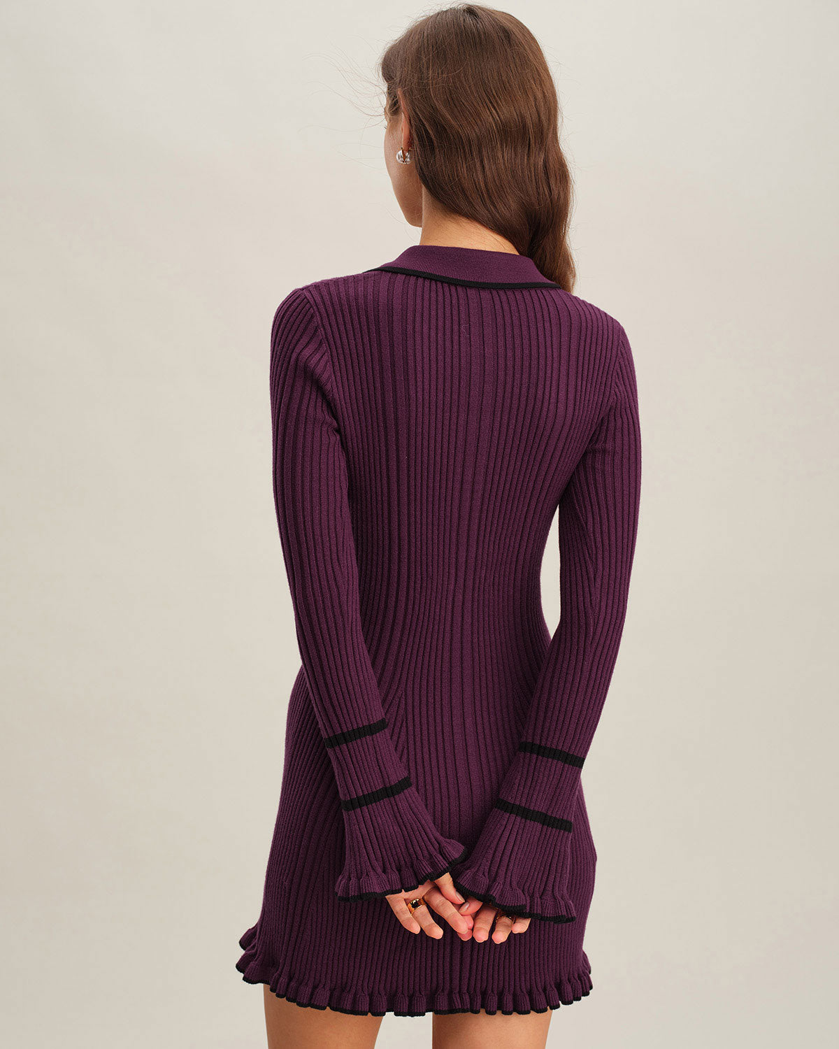 Purple  Contrasting Bell Sleeve Sweater Dress