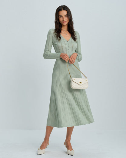 Green V Neck Viscose Sweater Dress