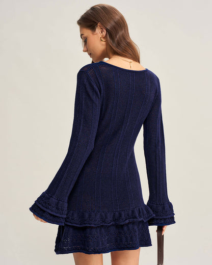 Navy A-Line V Neck Sweater Dress