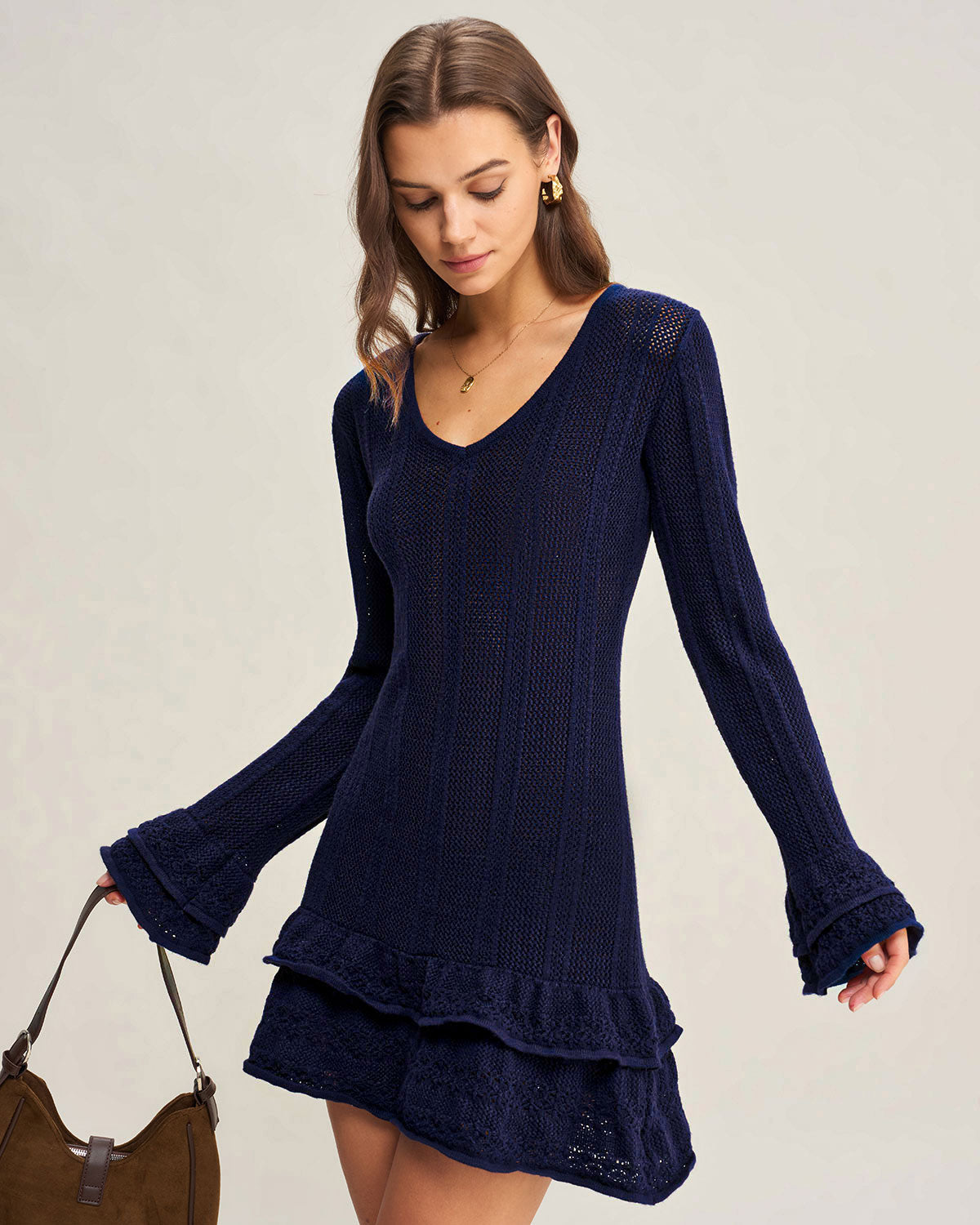 Navy A-Line V Neck Sweater Dress