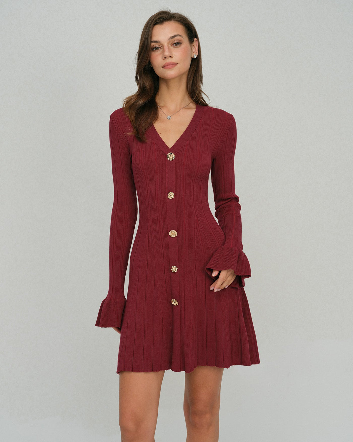 Wine Red Bell Sleeve V Neck Sweater Dress