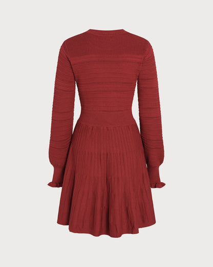 Wine Red Lantern Sleeve A-Line Sweater Dress