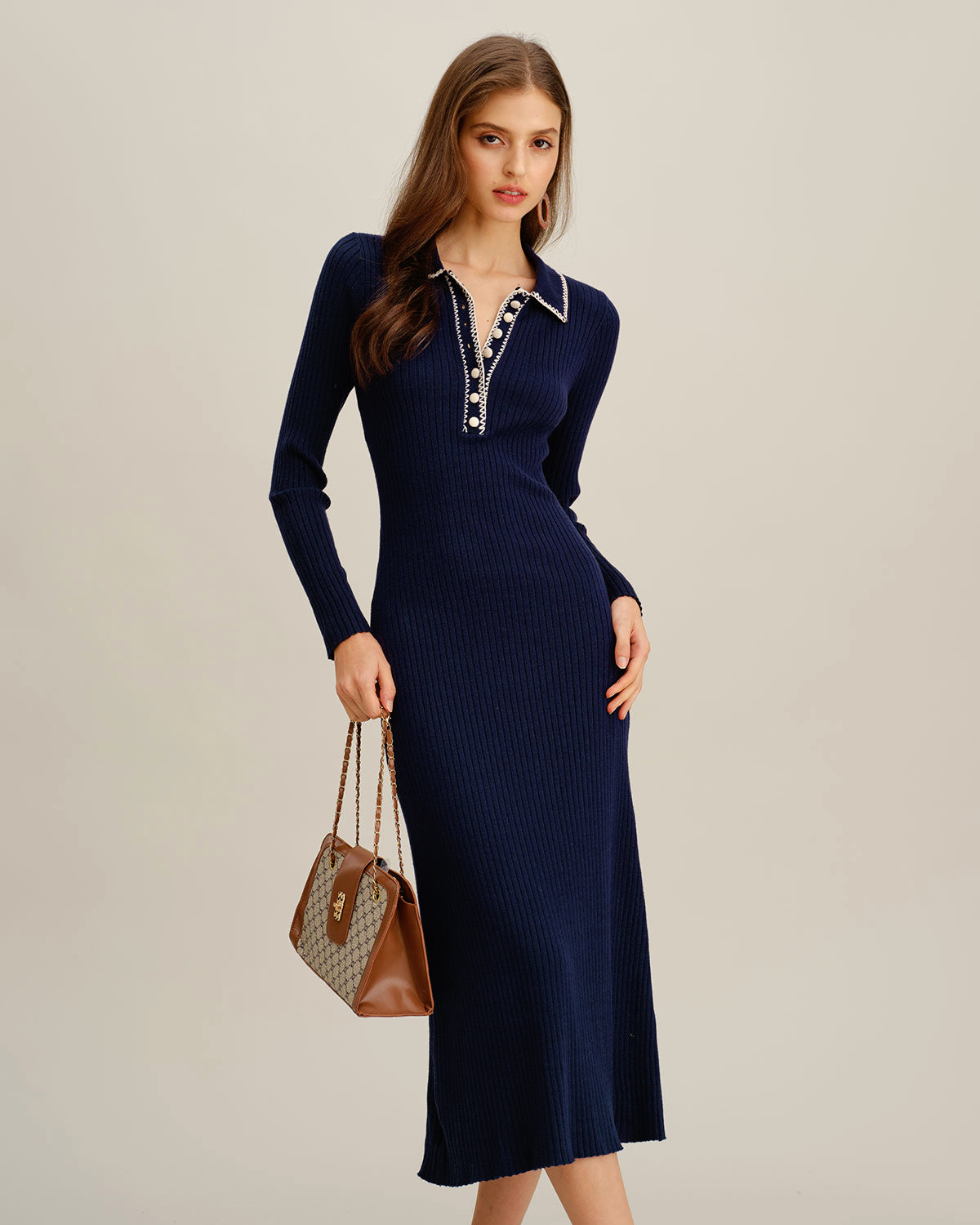 Blue Contrasting Button Sweater Dress