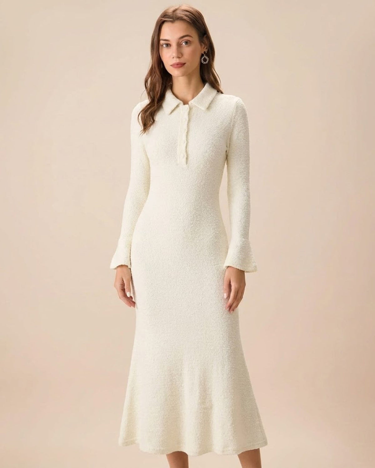 Apricot Collar Bell Sleeve Midi Dress