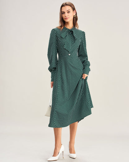 Green Polka Dot Tie Neck Midi Dress