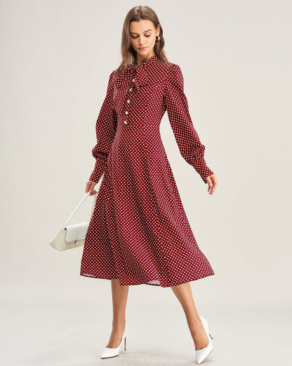 Wine Red Bishop Sleeve Polka Dot Midi Dress