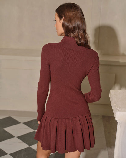 Coffee A-Line Pleated Sweater Dress