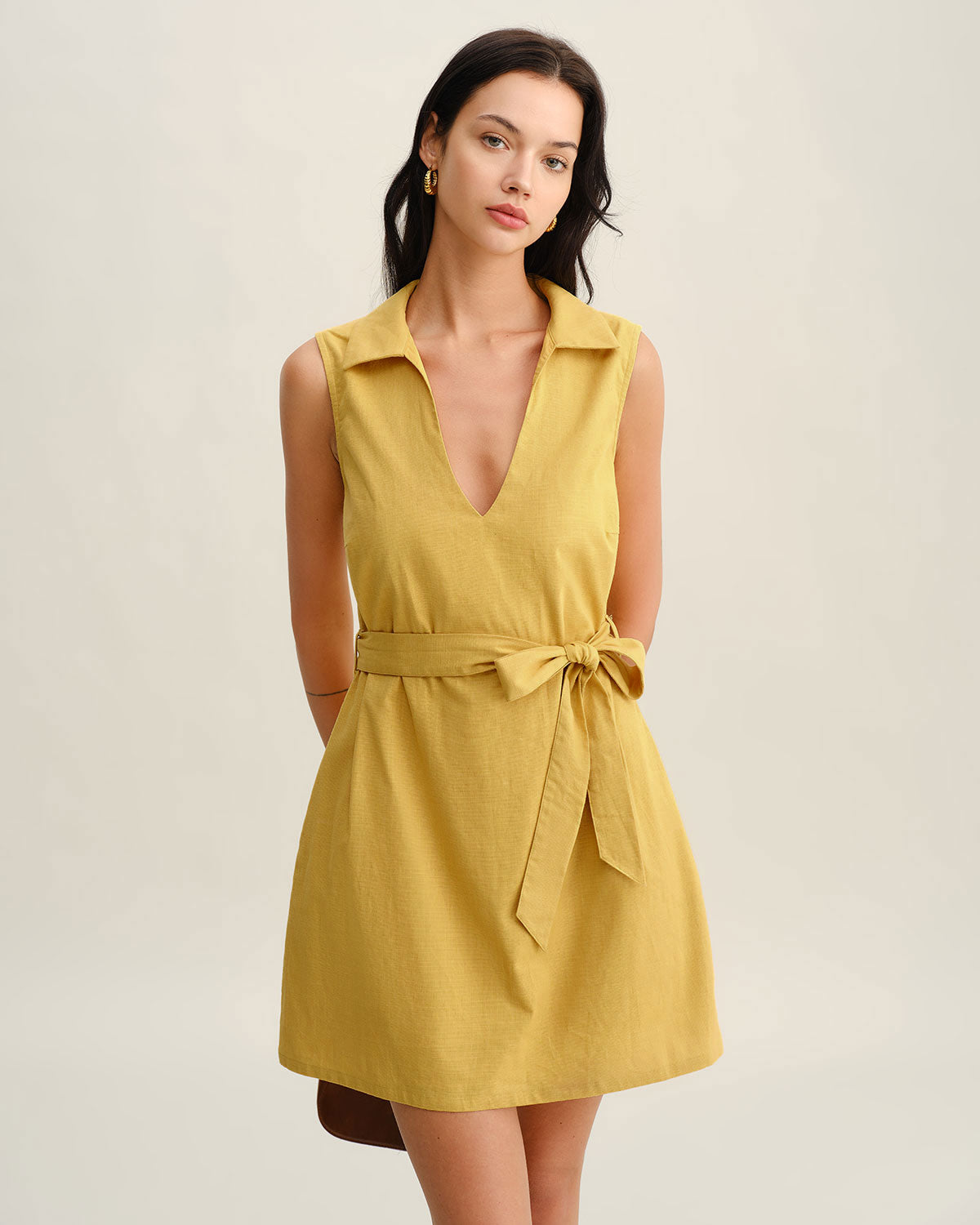 Yellow Tie Waist Sleeveless Mini Dress