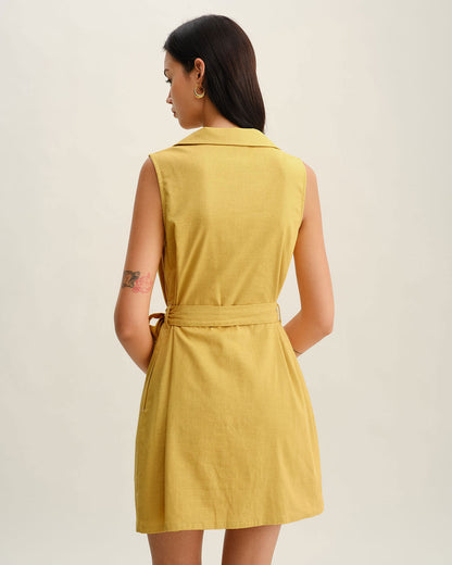 Yellow Tie Waist Sleeveless Mini Dress