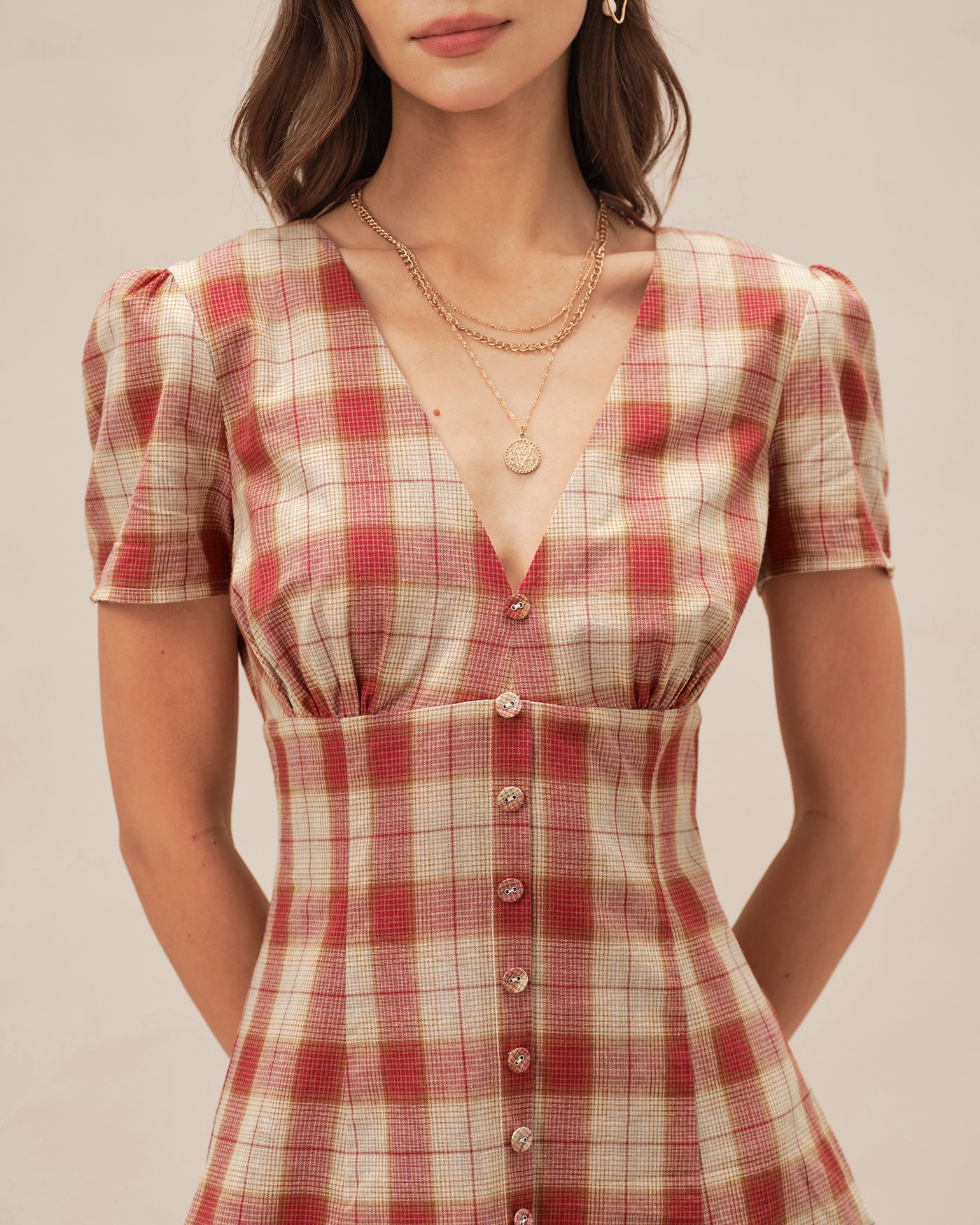 Red Plaid V Neck Mini Dress