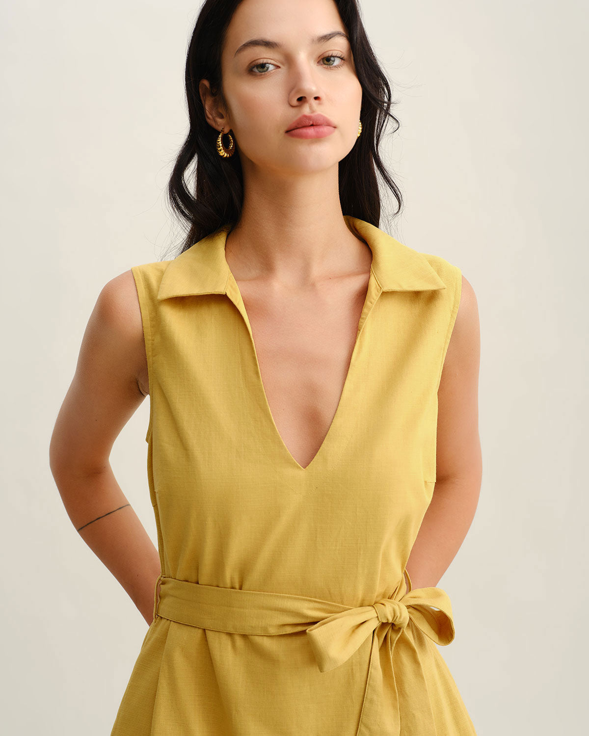 Yellow Tie Waist Sleeveless Mini Dress