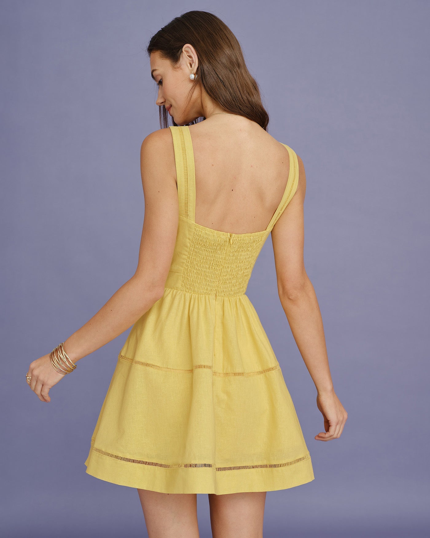 Yellow Square Neck Shirred Mini Dress