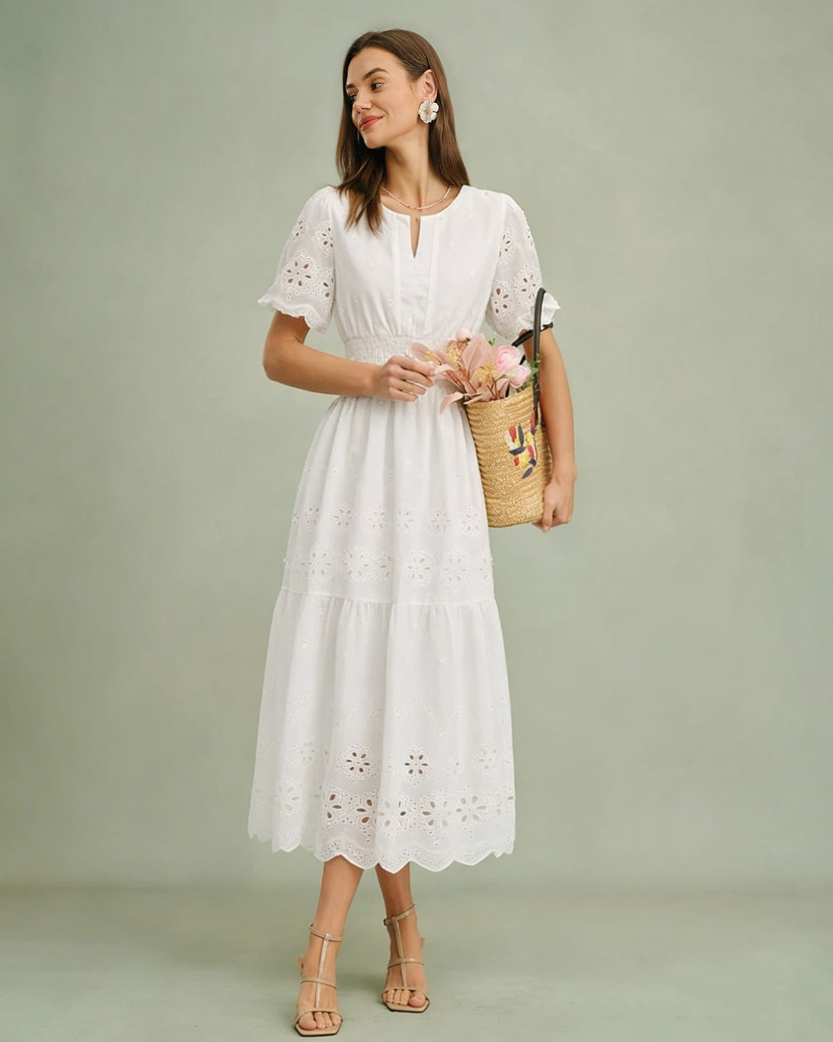 White V Neck Floral Maxi Dress