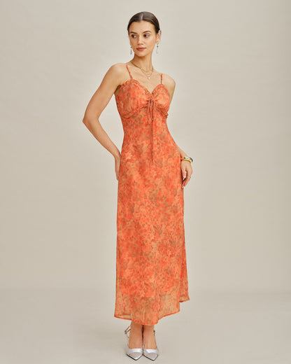 Orange Floral A-Line Slip Maxi Dress