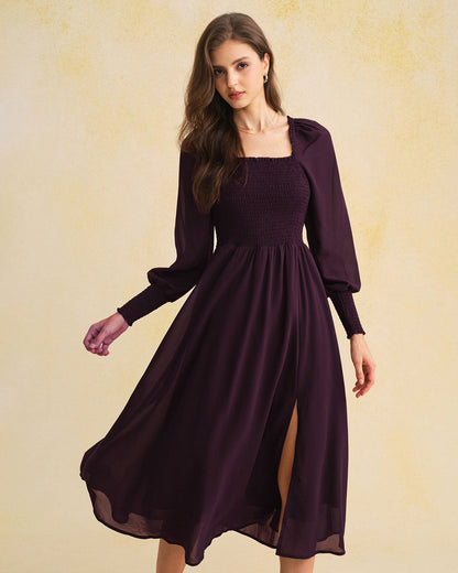 Purple Chiffon Shirred Lantern Sleeve Midi Dress