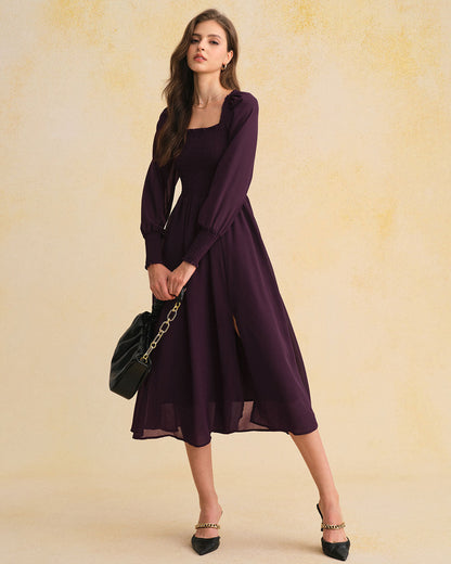 Purple Chiffon Shirred Lantern Sleeve Midi Dress