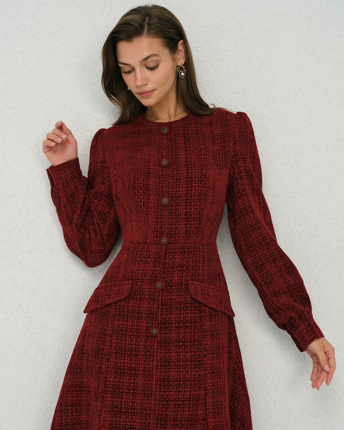 Red Lantern Sleeve A-Line Midi Dress