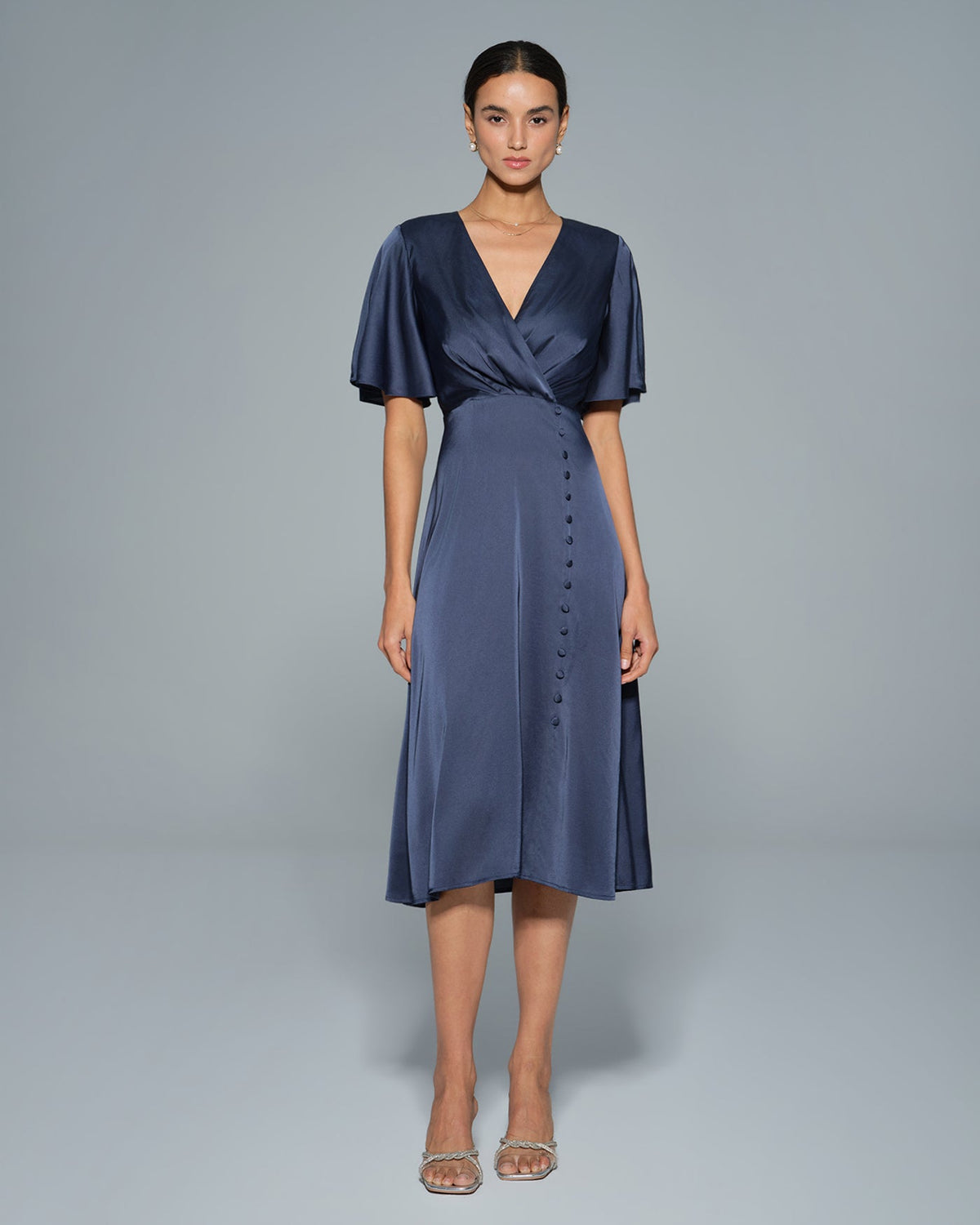 Navy V Neck Satin Midi Dress