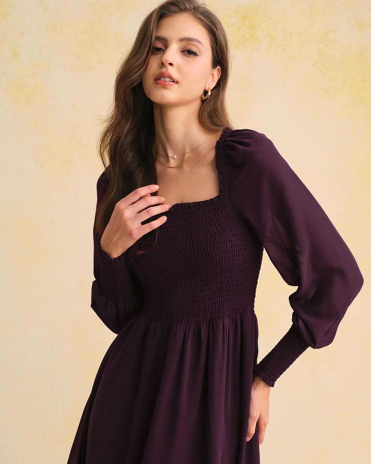 Purple Chiffon Shirred Lantern Sleeve Midi Dress