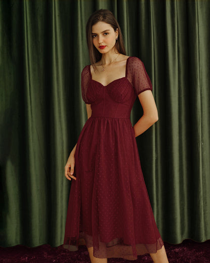 Red Sweetheart Neck Polka Dot Midi Dress