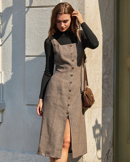 Brown A-Line Sleeveless Slit Midi Dress